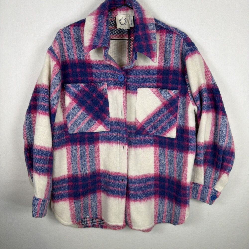NWOT Women's Lili Sidonio Blue Pink White Plaid Shacket Front Pockets Size M